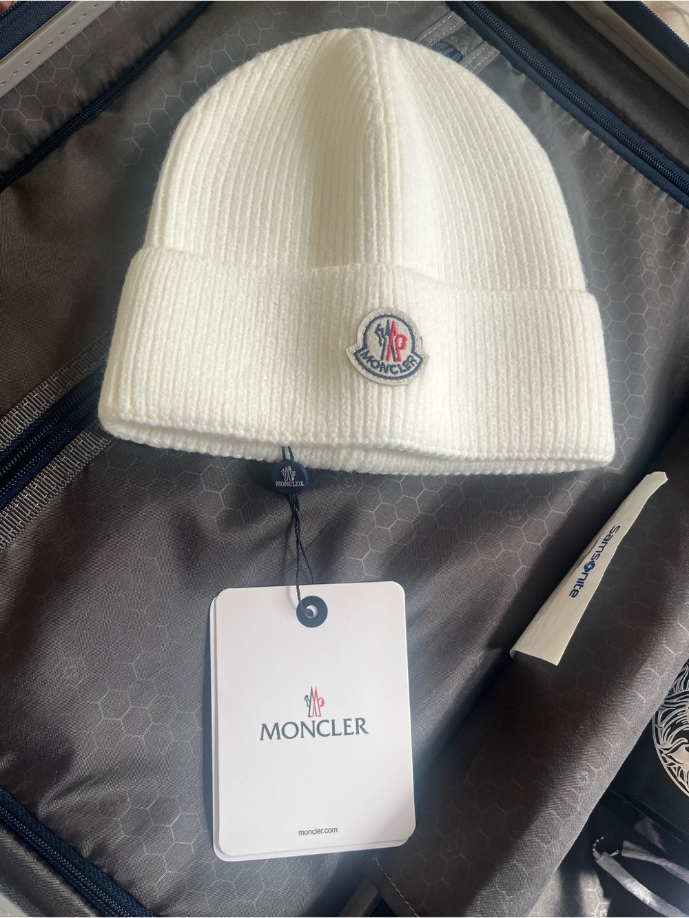 Moncler White Ribbed Knit Beanie with Logo Patch